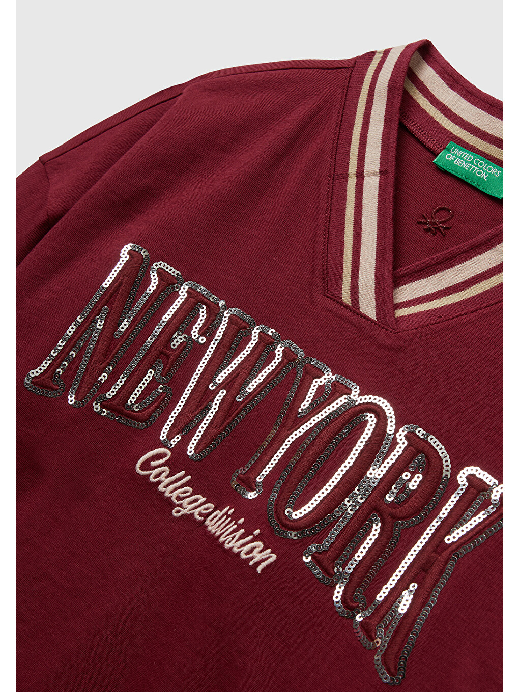 Kız Çocuk Bordo Payet İşlemeli Şeritli V Yaka Boxy Fit Uzun Kollu T-shirt-2
