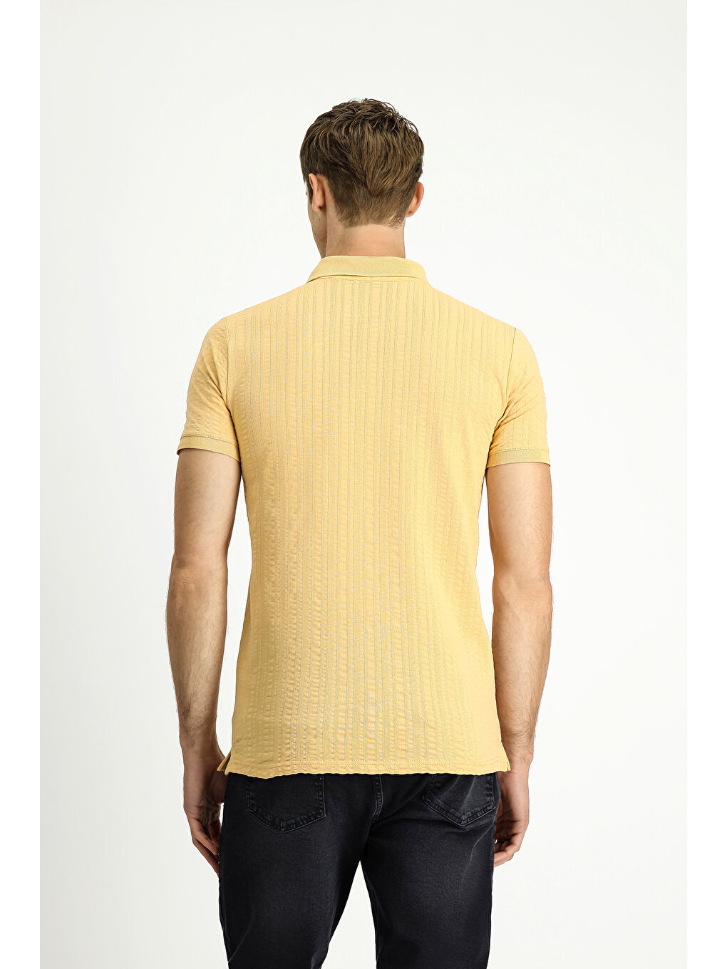 Bej Slim Fit Dar Kesim Pamuk Desenli Fermuarlı Polo Yaka Tişört-4