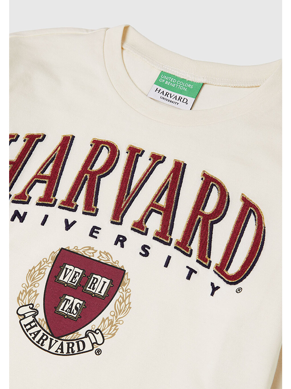 Kız Çocuk Ekru Önü Simli Baskılı Logo Etiketli Boxy Uzun Kollu T-shirt-2
