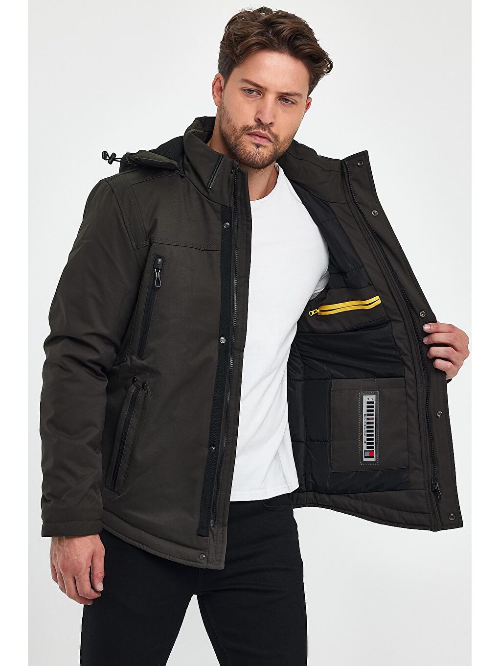 Haki Kapüşonu Çıkmaz Erkek Mont