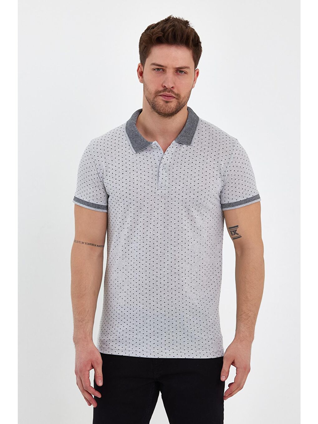 Gri Puantiyeli Polo Yaka Erkek Tişört