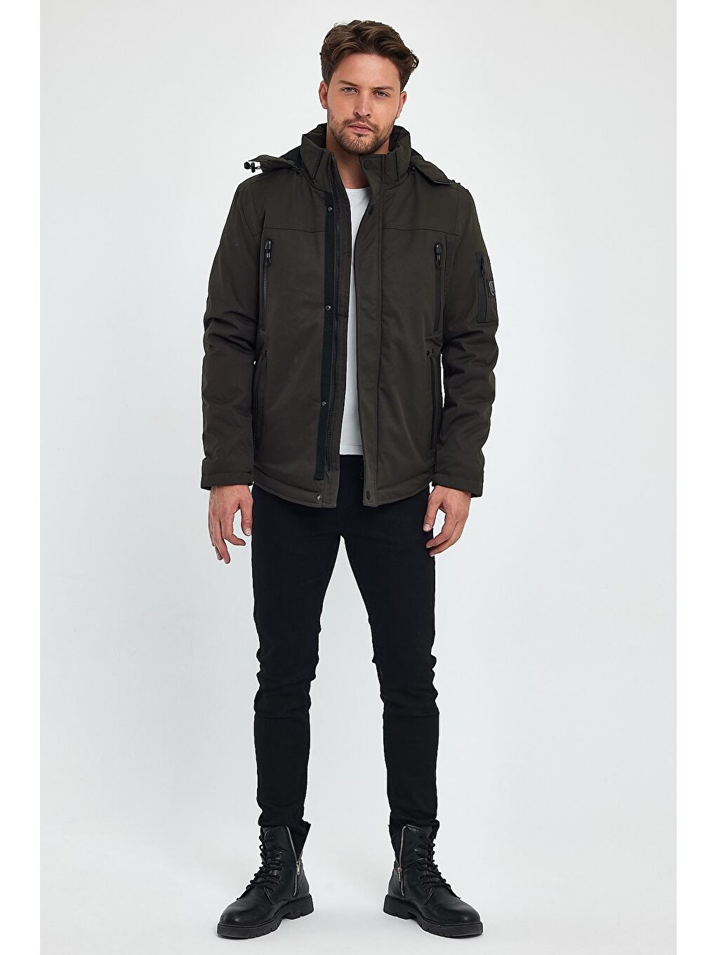 Haki Kapüşonu Çıkmaz Erkek Mont-1