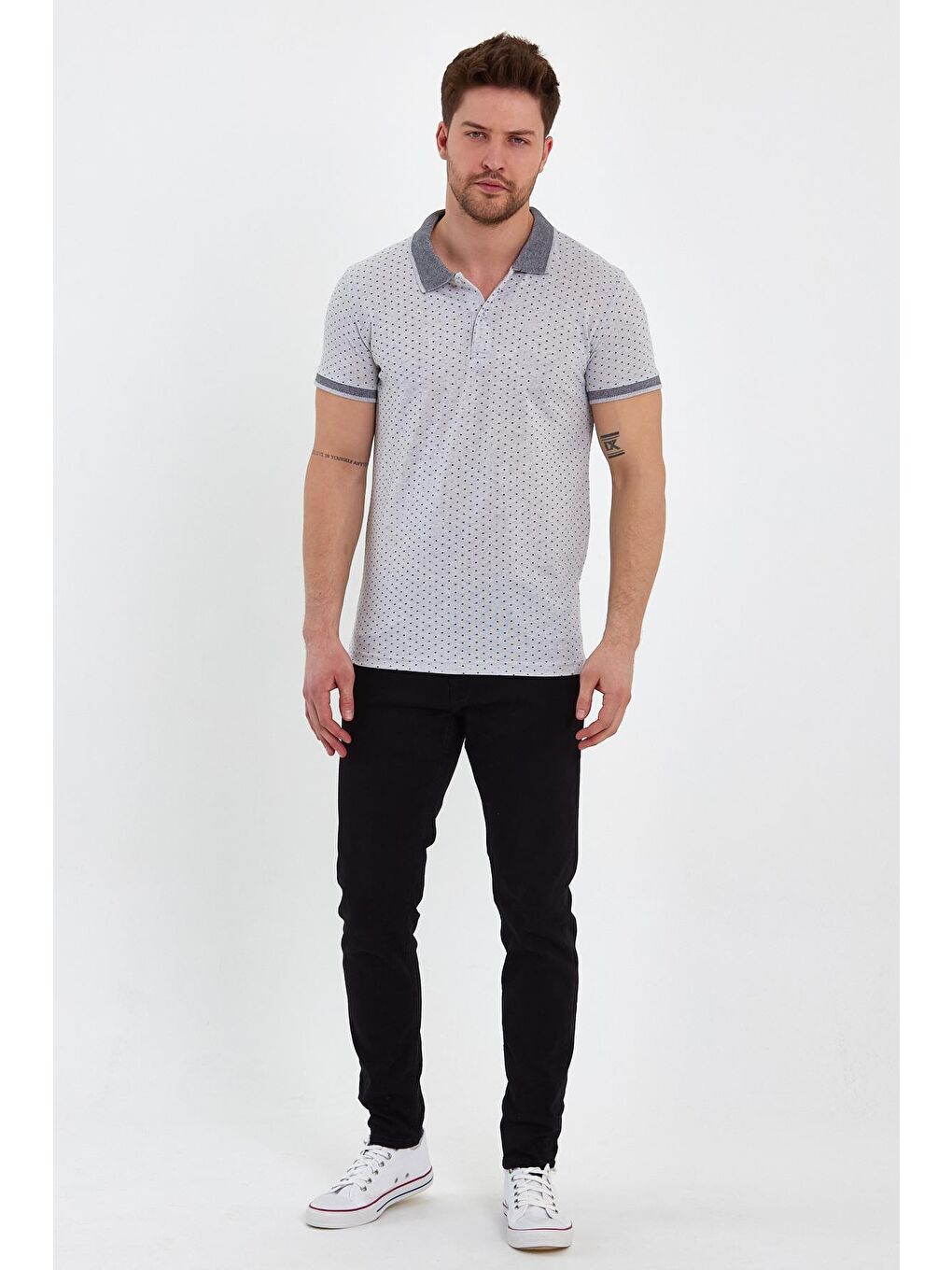 Gri Puantiyeli Polo Yaka Erkek Tişört-1