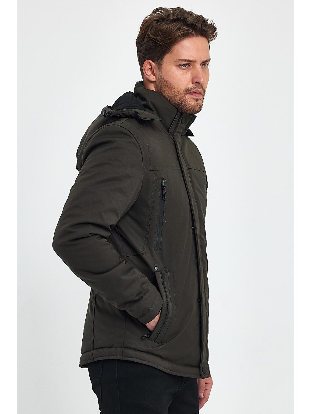 Haki Kapüşonu Çıkmaz Erkek Mont-3