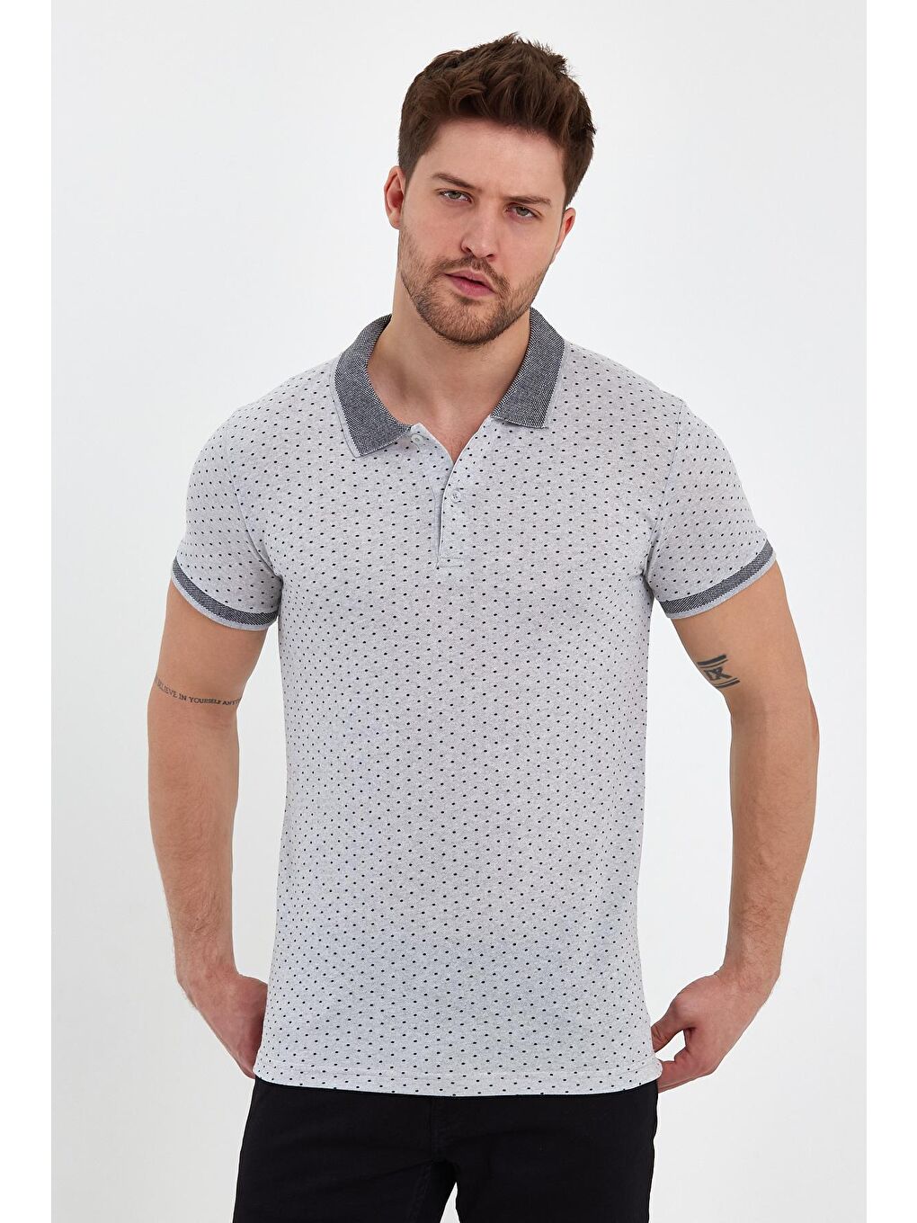 Gri Puantiyeli Polo Yaka Erkek Tişört-3
