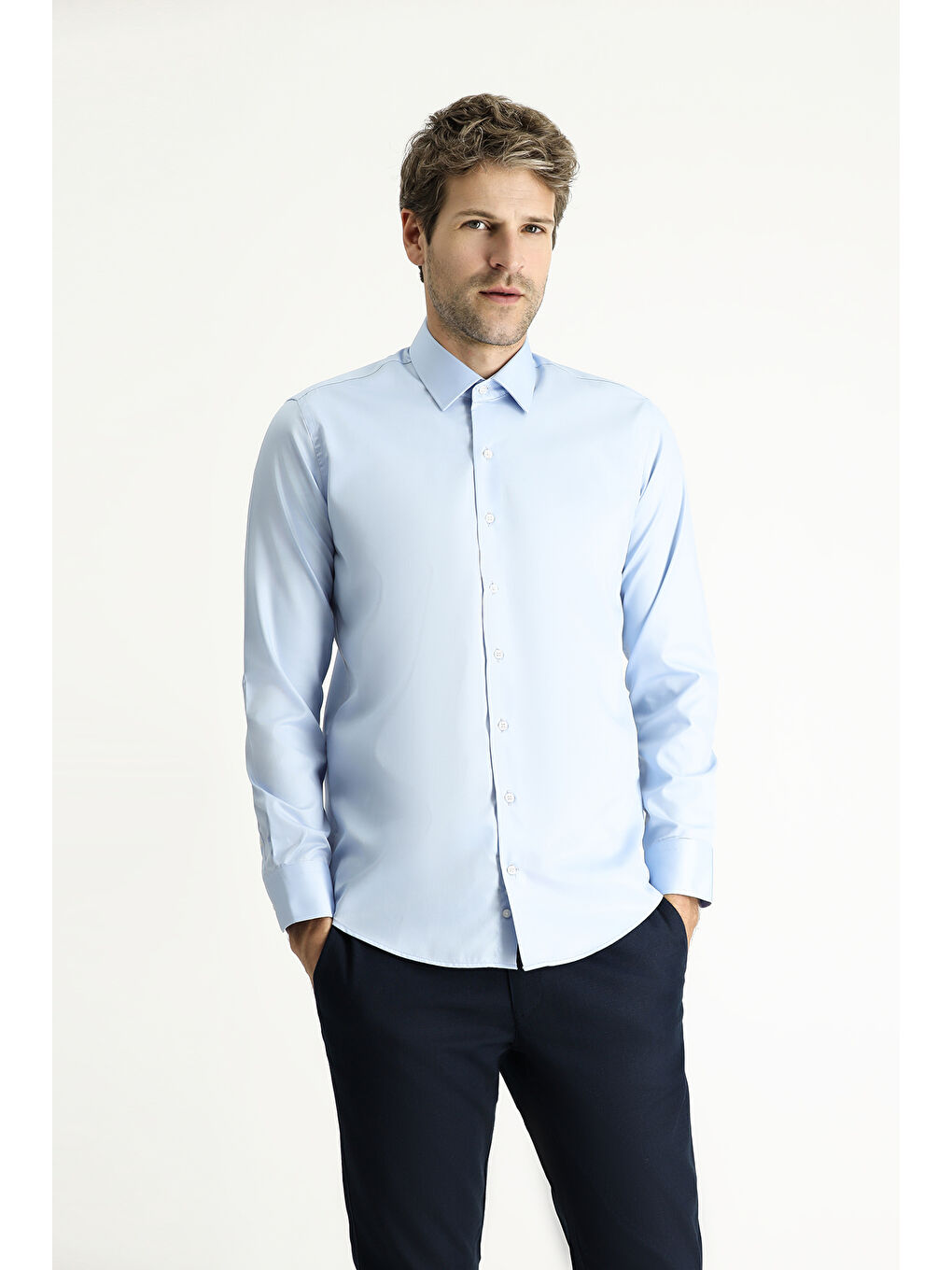 Mavi Uzun Kol Slim Fit Dar Kesim Klasik Non Iron Saten Pamuklu Gömlek-2