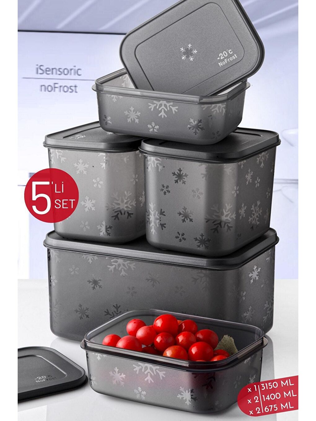 Karışık 5'Li Set No Frost Saklama Kabı -Derin Dondurucu - Buzluk Saklama Kabı -20 Derece