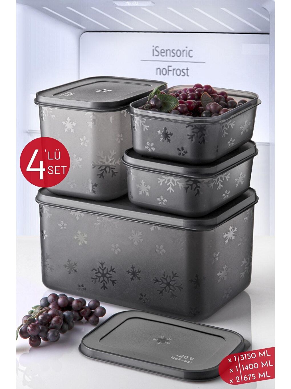 Karışık 4'Lü Set No Frost Saklama Kabı -Derin Dondurucu - Buzluk Saklama Kabı -20 Derece