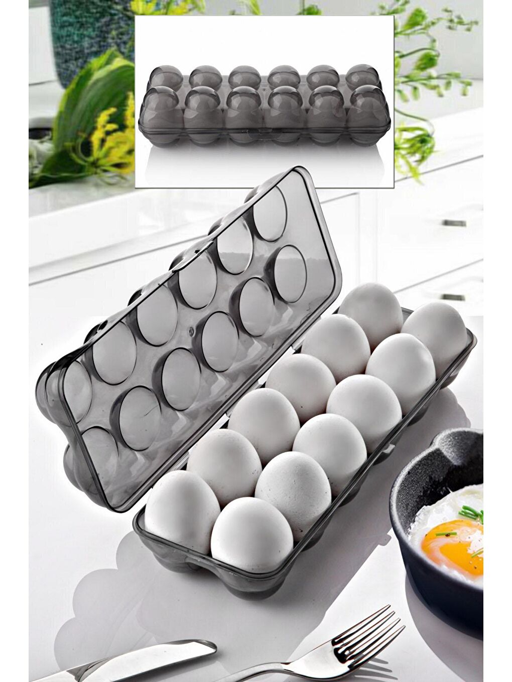 Karışık 12'li Yumurta Saklama Kutusu - Yumurta Saklama Kabı Şeffaf-Antrasit