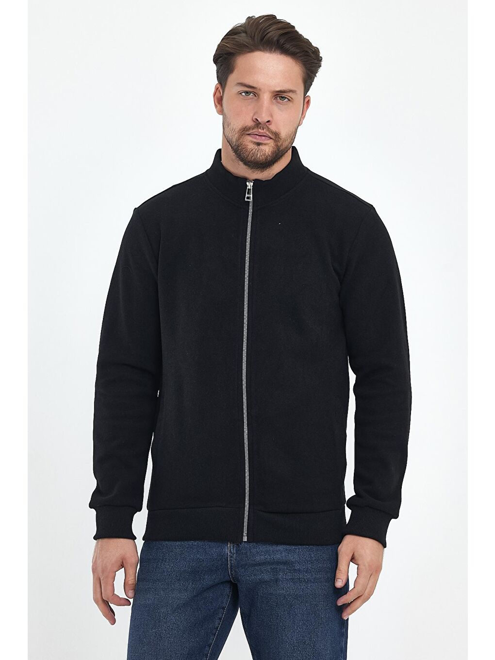 Siyah Selanik  Erkek Fermuarlı Sweatshirt