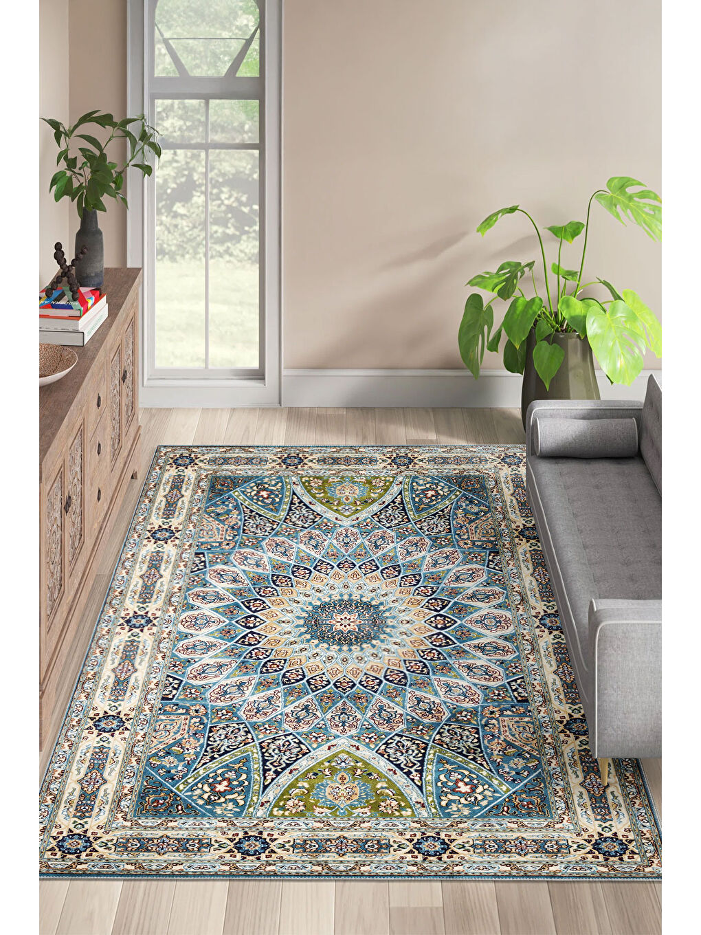 Mavi Dekoratif Özel Tasarım Yıkanabilir İnce Kaymaz Tabanlı Modern Halı KECE FR04-1