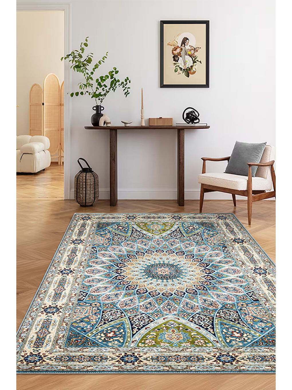 Mavi Dekoratif Özel Tasarım Yıkanabilir İnce Kaymaz Tabanlı Modern Halı KECE FR04-2