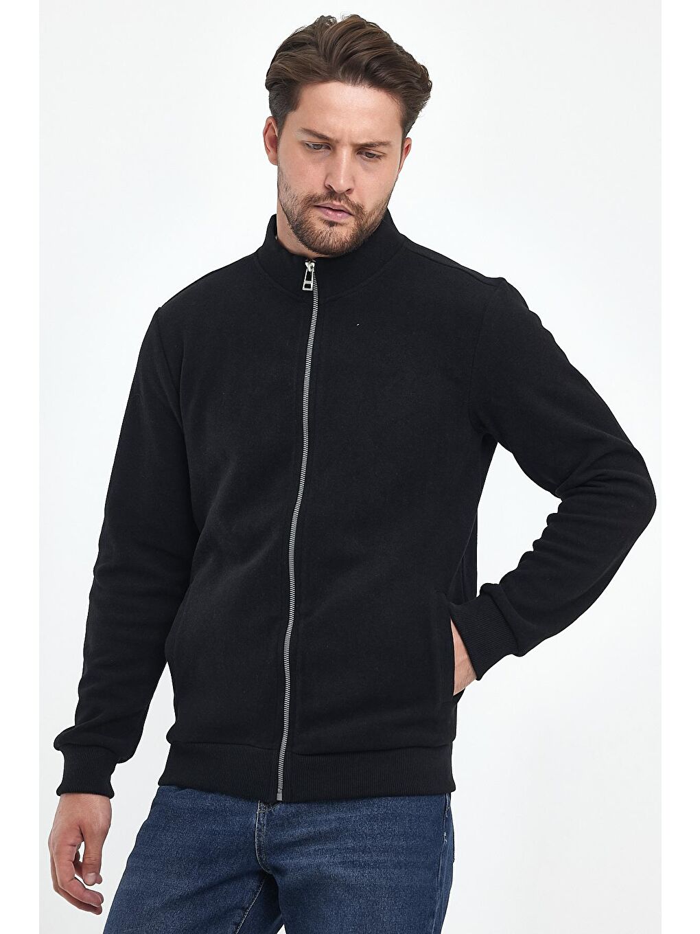 Siyah Selanik  Erkek Fermuarlı Sweatshirt-2