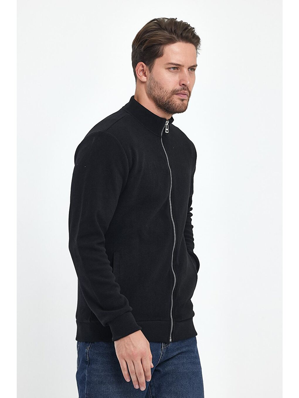 Siyah Selanik  Erkek Fermuarlı Sweatshirt-3