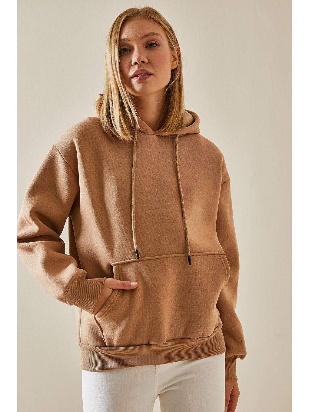 Bej Camel Kanguru Cepli Kapüşonlü Sweatshirt 4KXK8-47607-53