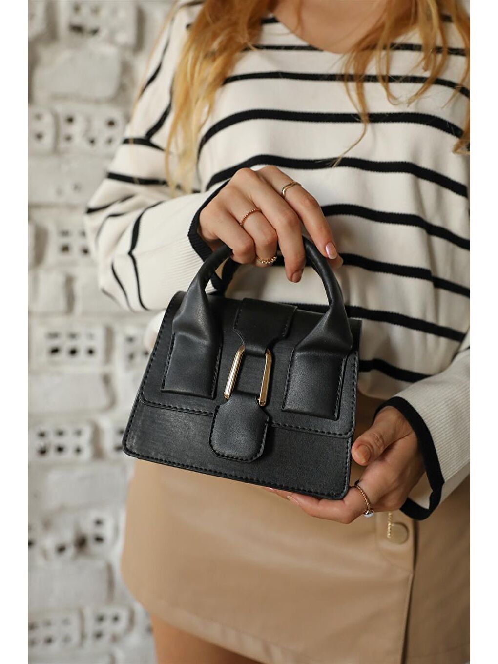 Tokalı Mini Tote Çanta Siyah