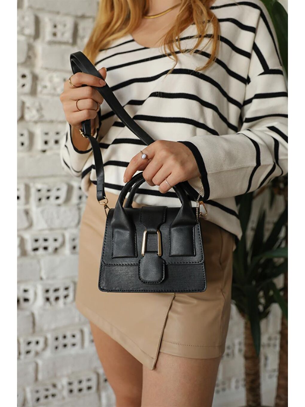 Tokalı Mini Tote Çanta Siyah-1