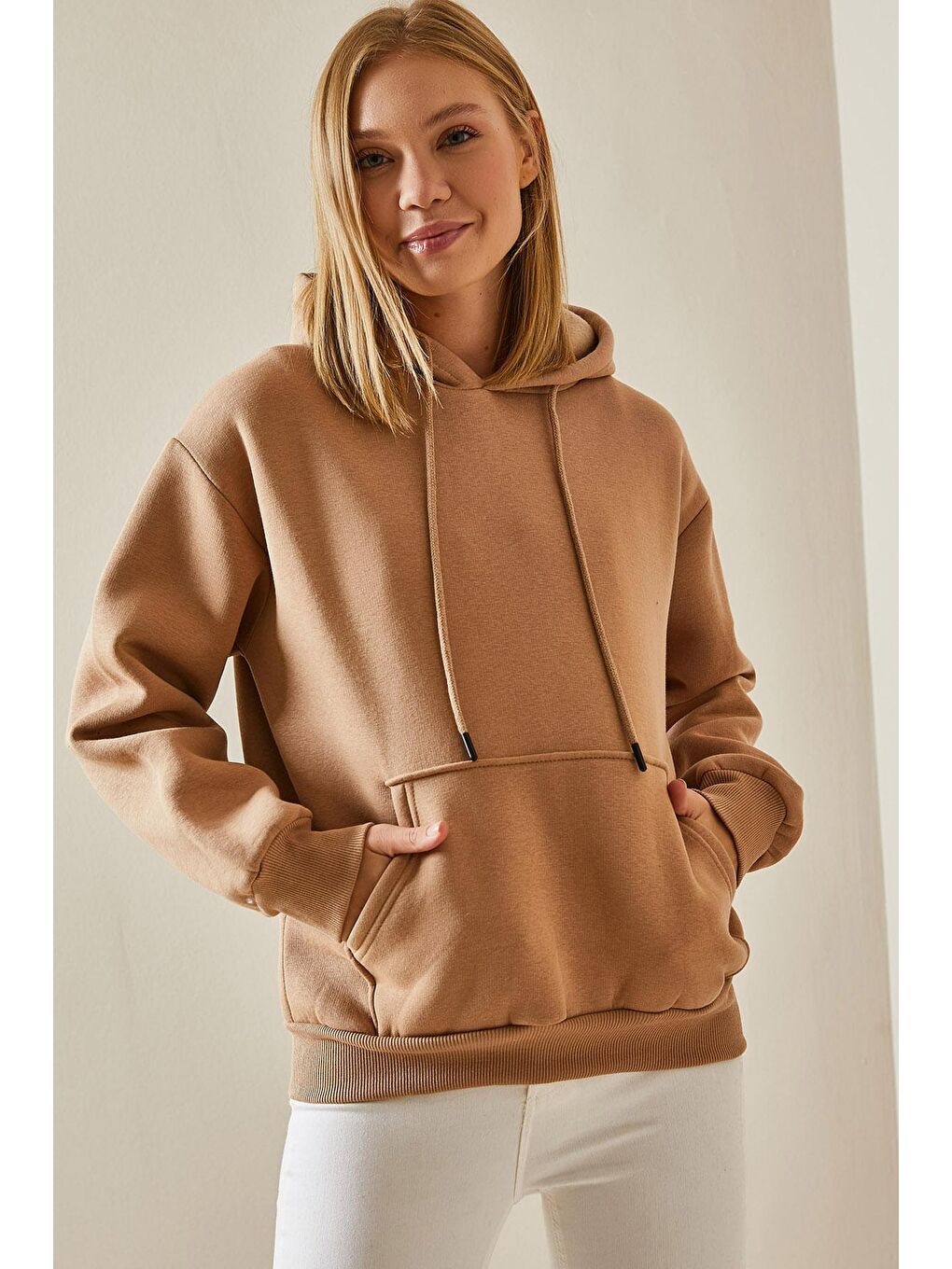 Bej Camel Kanguru Cepli Kapüşonlü Sweatshirt 4KXK8-47607-53-1