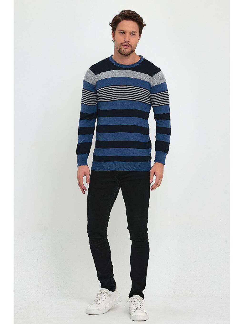 İndigo Çizgili Triko Erkek Kazak-1