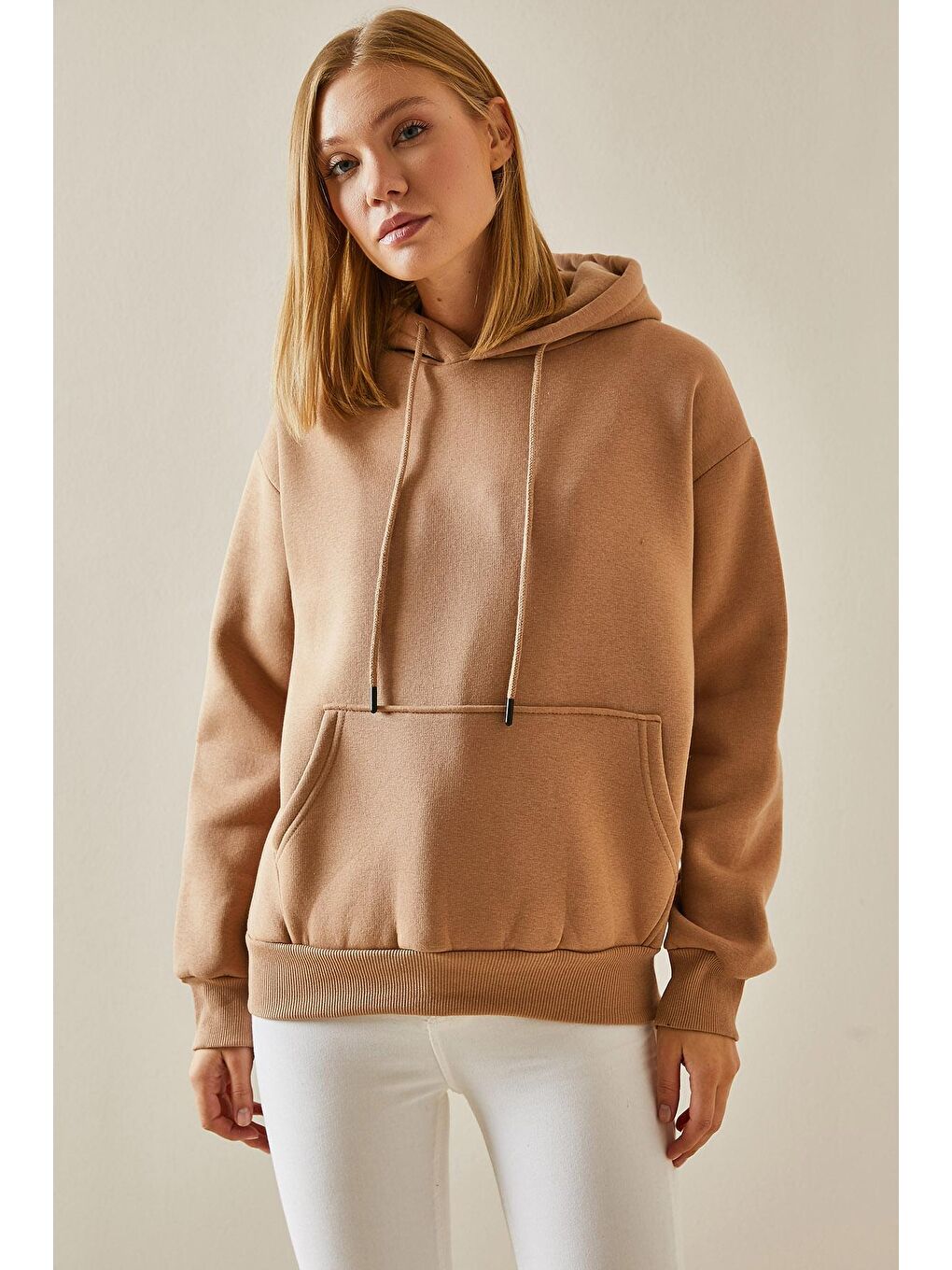 Bej Camel Kanguru Cepli Kapüşonlü Sweatshirt 4KXK8-47607-53-2