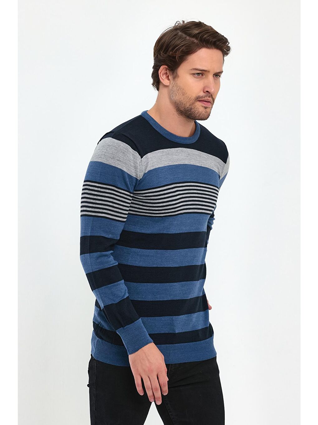 İndigo Çizgili Triko Erkek Kazak-2