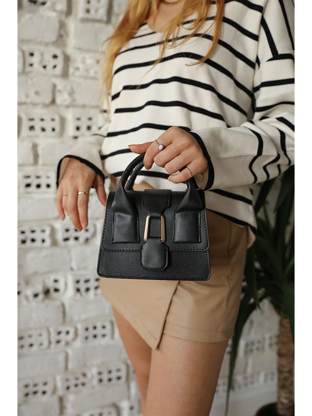 Tokalı Mini Tote Çanta Siyah-3