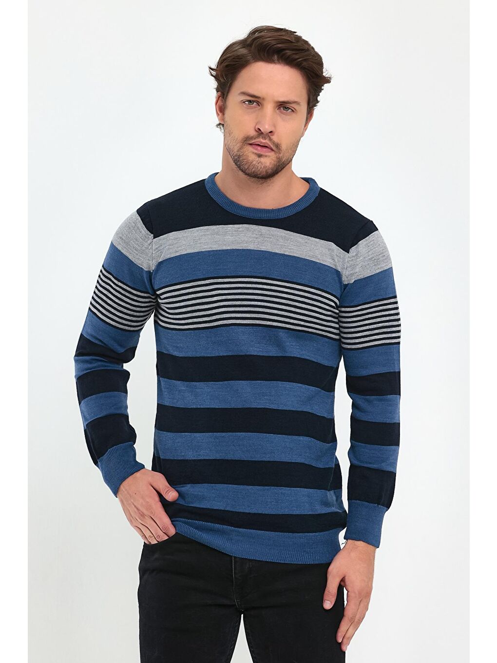 İndigo Çizgili Triko Erkek Kazak-3