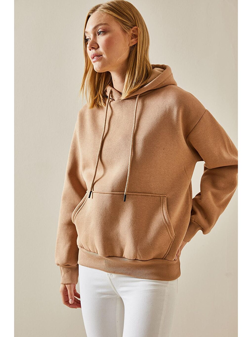 Bej Camel Kanguru Cepli Kapüşonlü Sweatshirt 4KXK8-47607-53-3