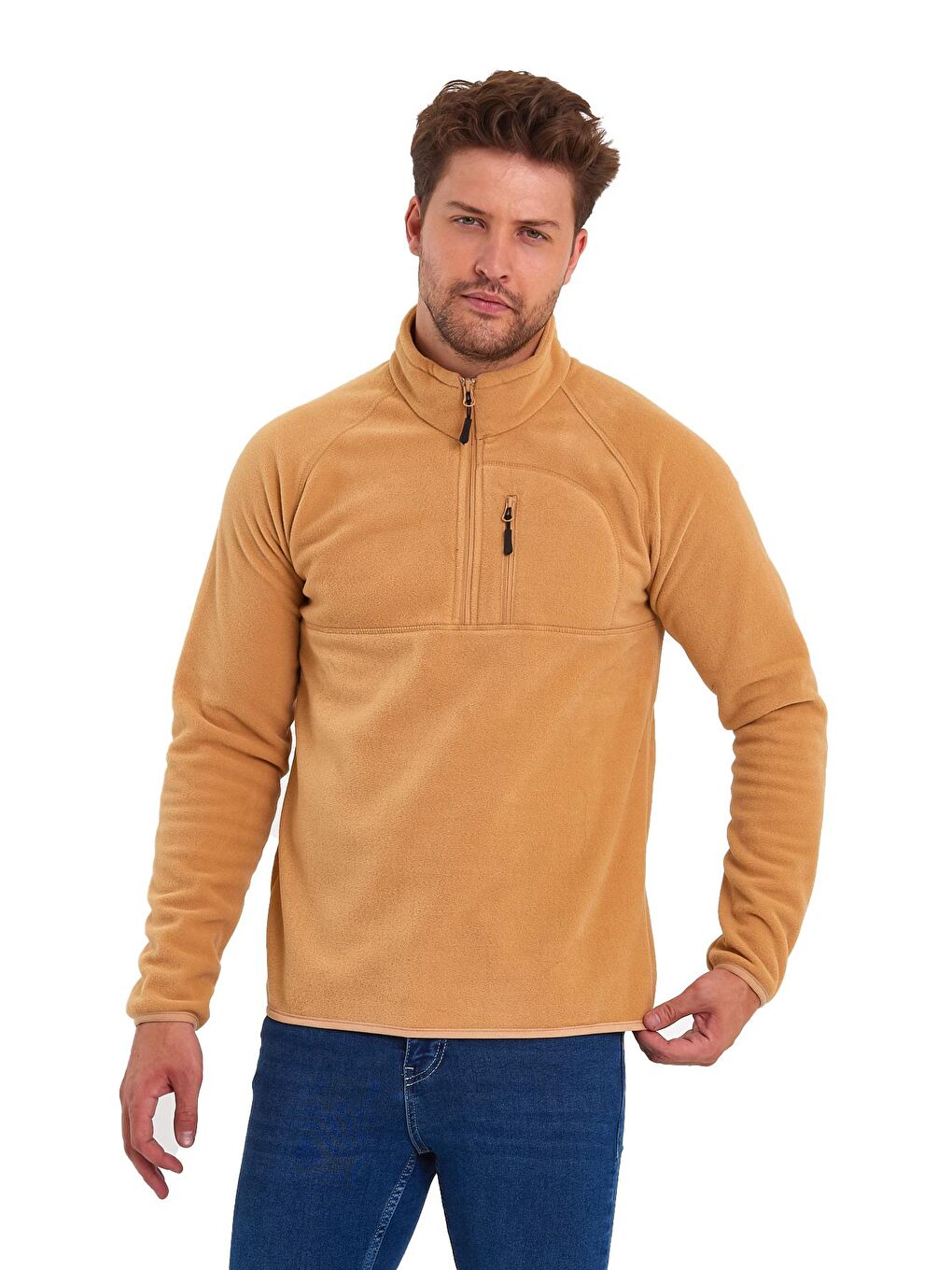 Bej Mikro Polar Dik Yaka Erkek Sweatshirt