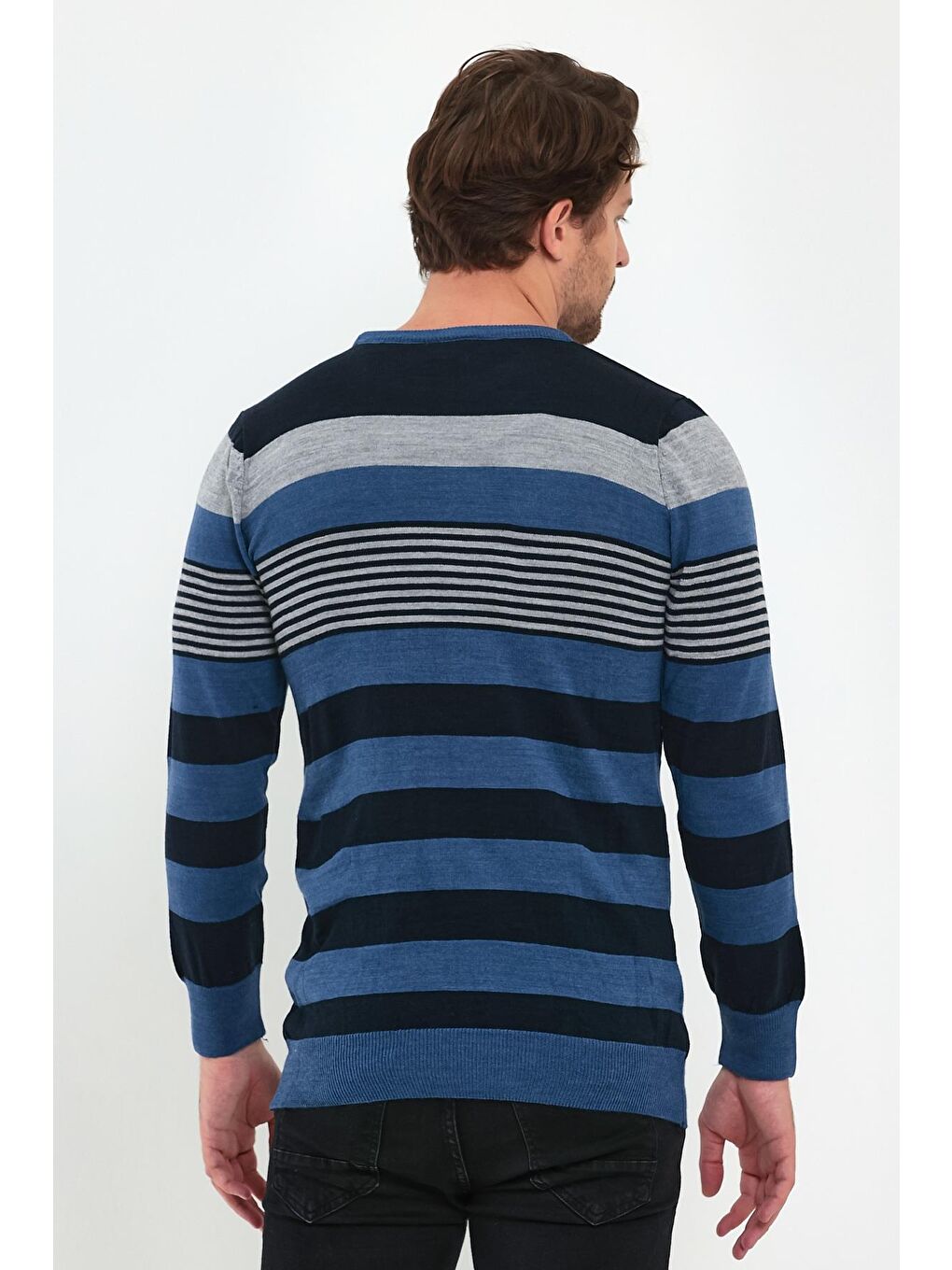 İndigo Çizgili Triko Erkek Kazak-4