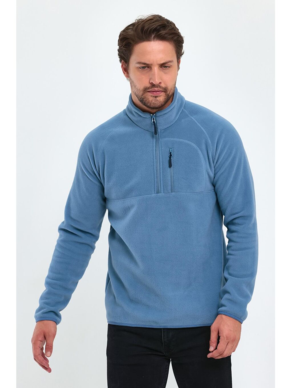 Mavi Mikro Polar Dik Yaka Erkek Sweatshirt-3