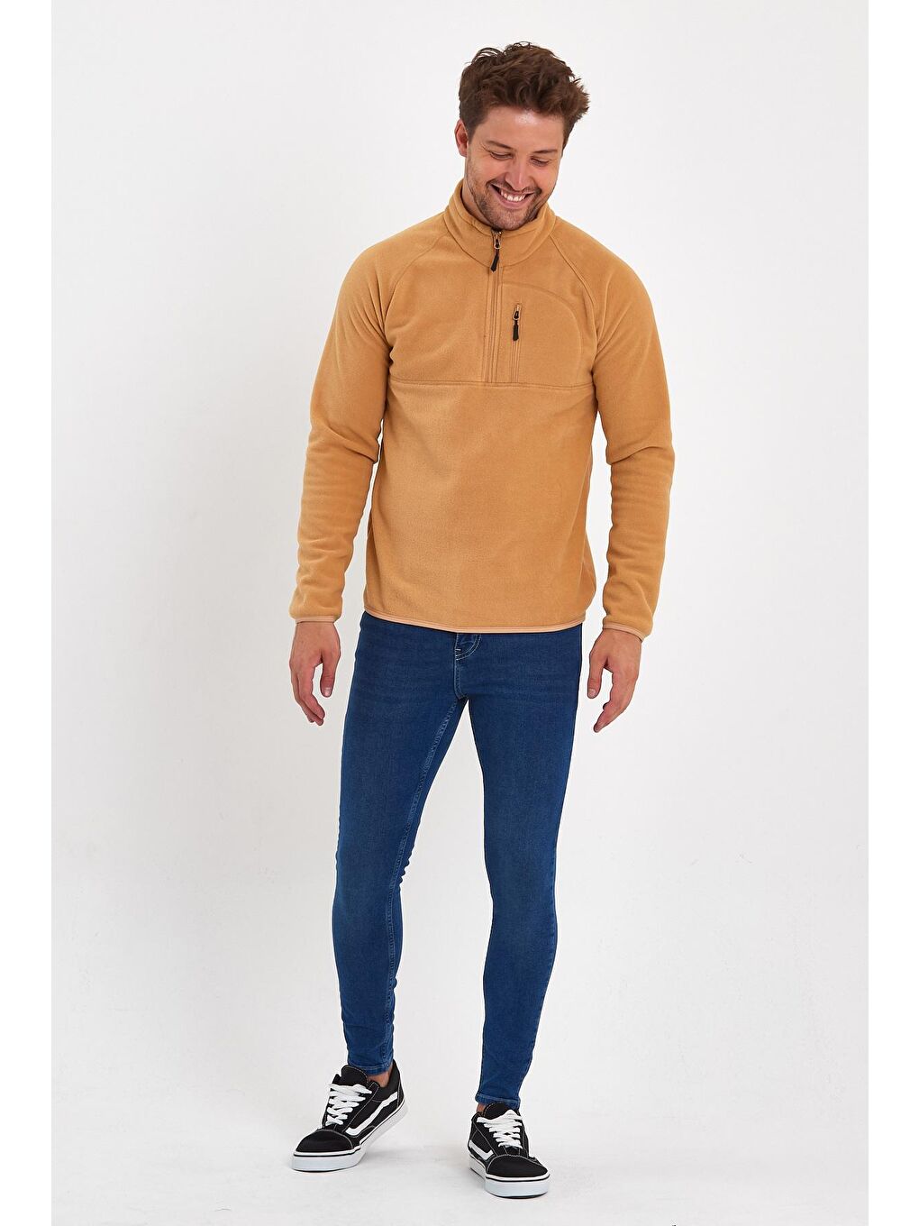 Bej Mikro Polar Dik Yaka Erkek Sweatshirt-1