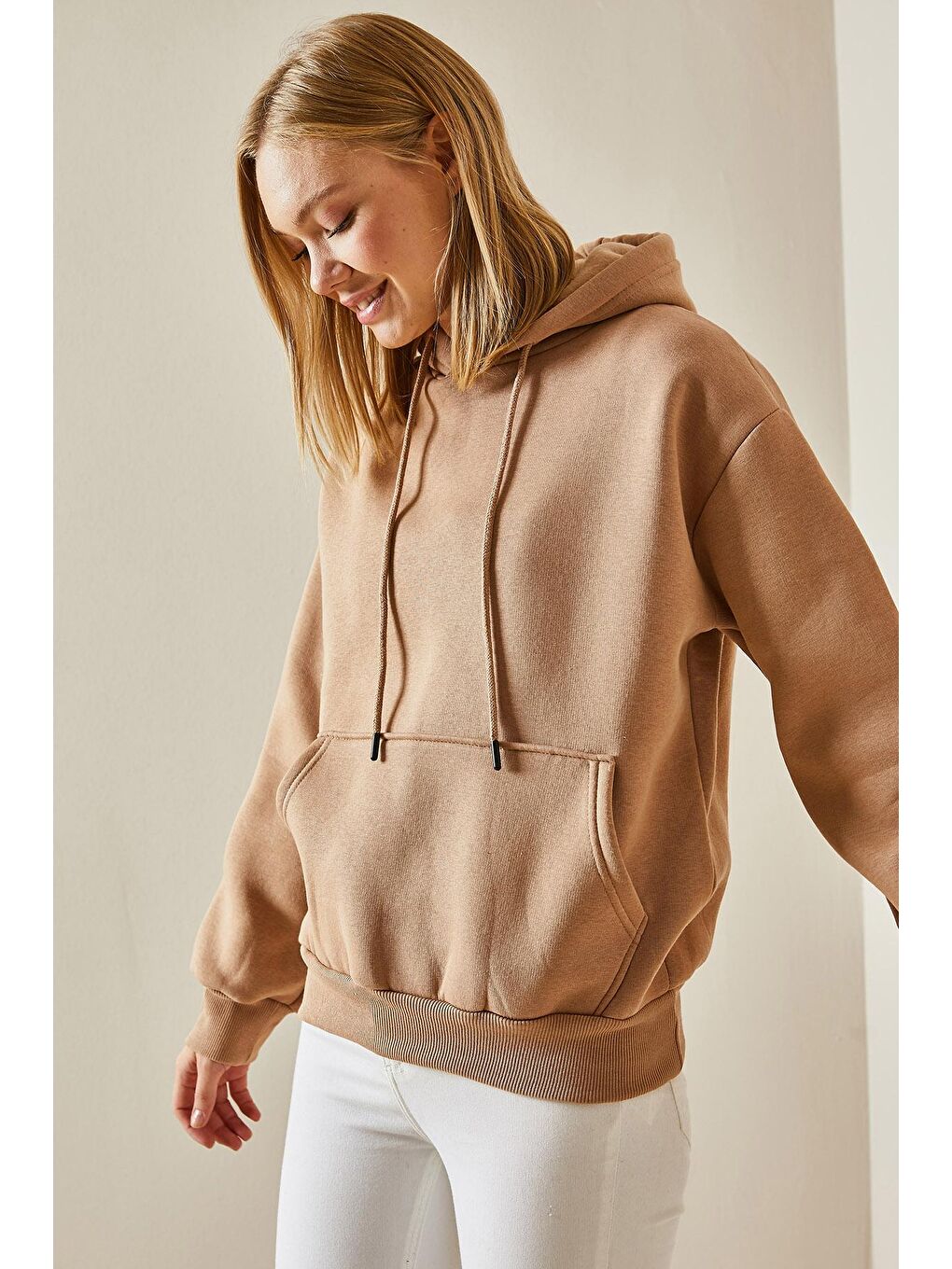 Bej Camel Kanguru Cepli Kapüşonlü Sweatshirt 4KXK8-47607-53-4