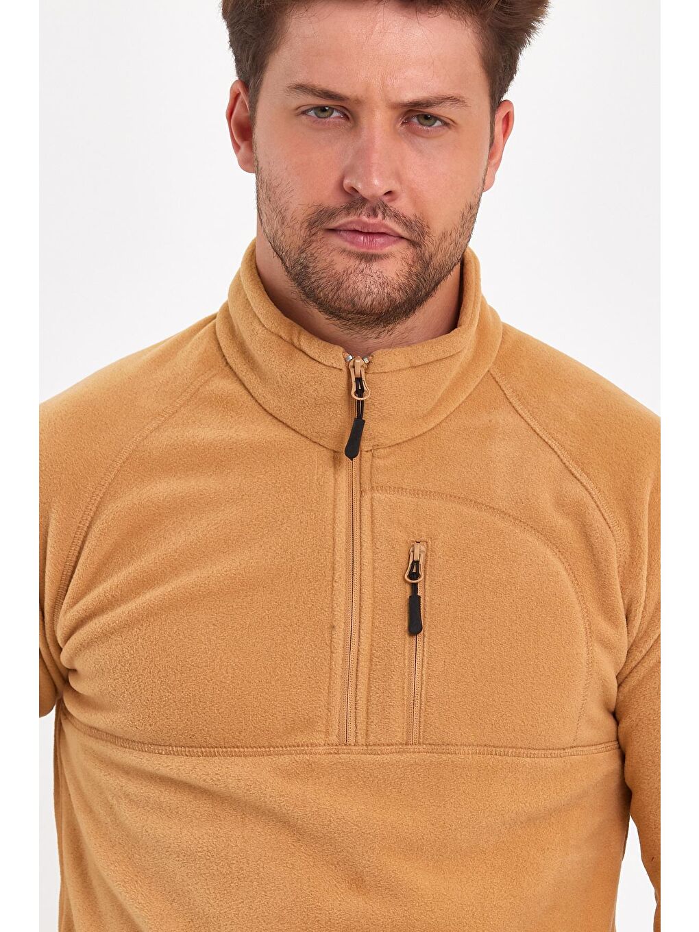 Bej Mikro Polar Dik Yaka Erkek Sweatshirt-2