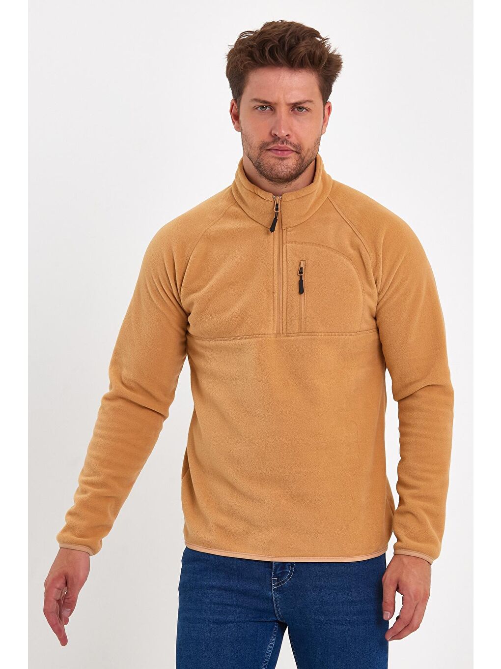 Bej Mikro Polar Dik Yaka Erkek Sweatshirt-3