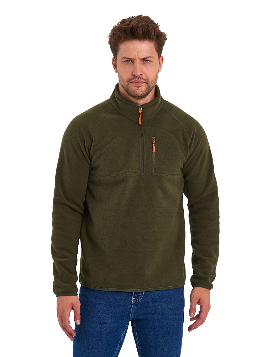 Haki Mikro Polar Dik Yaka Erkek Sweatshirt