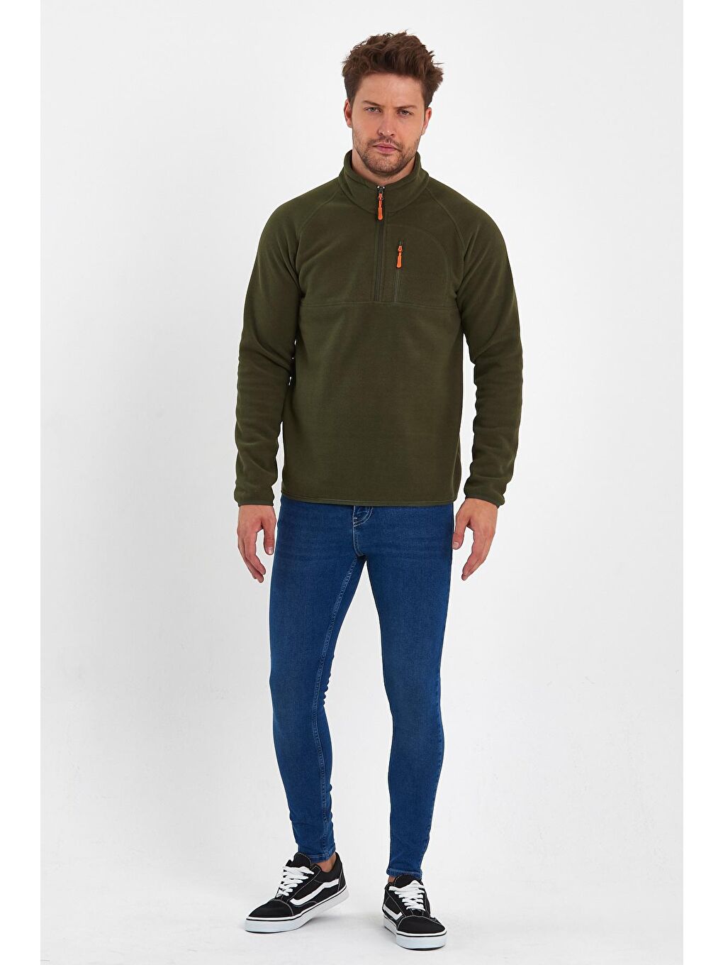 Haki Mikro Polar Dik Yaka Erkek Sweatshirt-1