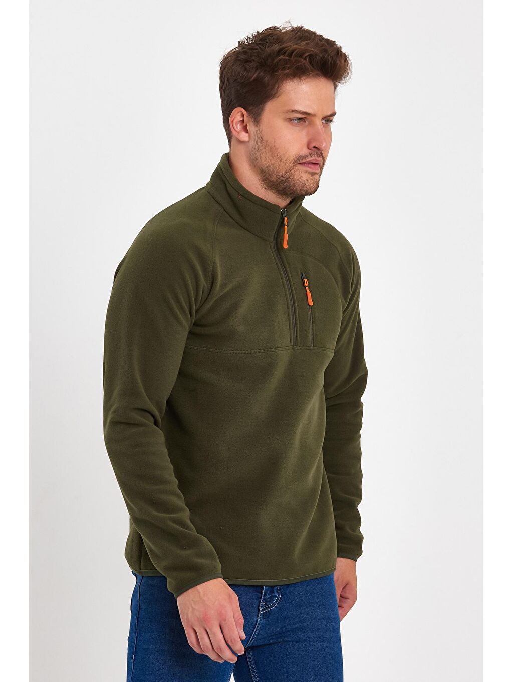 Haki Mikro Polar Dik Yaka Erkek Sweatshirt-3