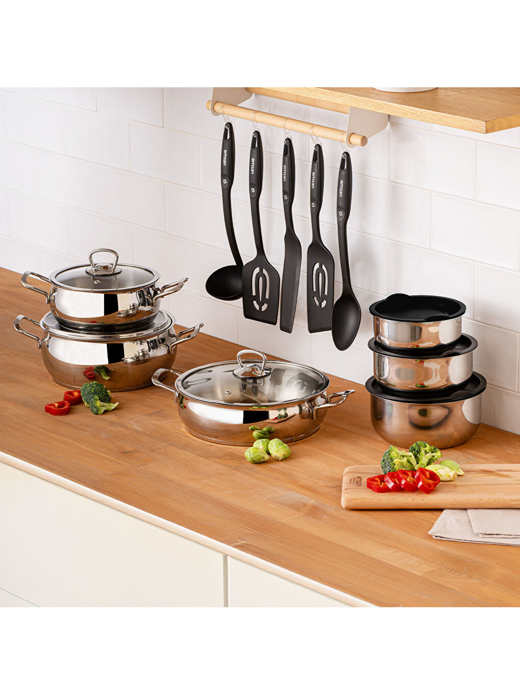 Gri Karıştır Pişir Sakla 17 Parça Servis Gereçli Çelik Tencere Seti-7
