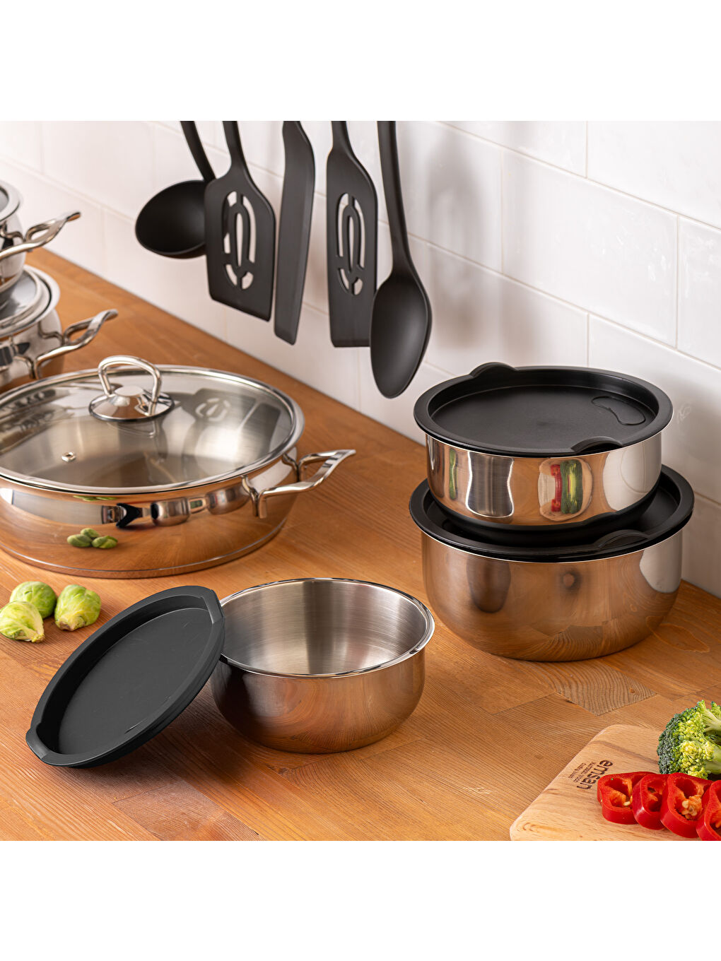 Gri Karıştır Pişir Sakla 17 Parça Servis Gereçli Çelik Tencere Seti-8
