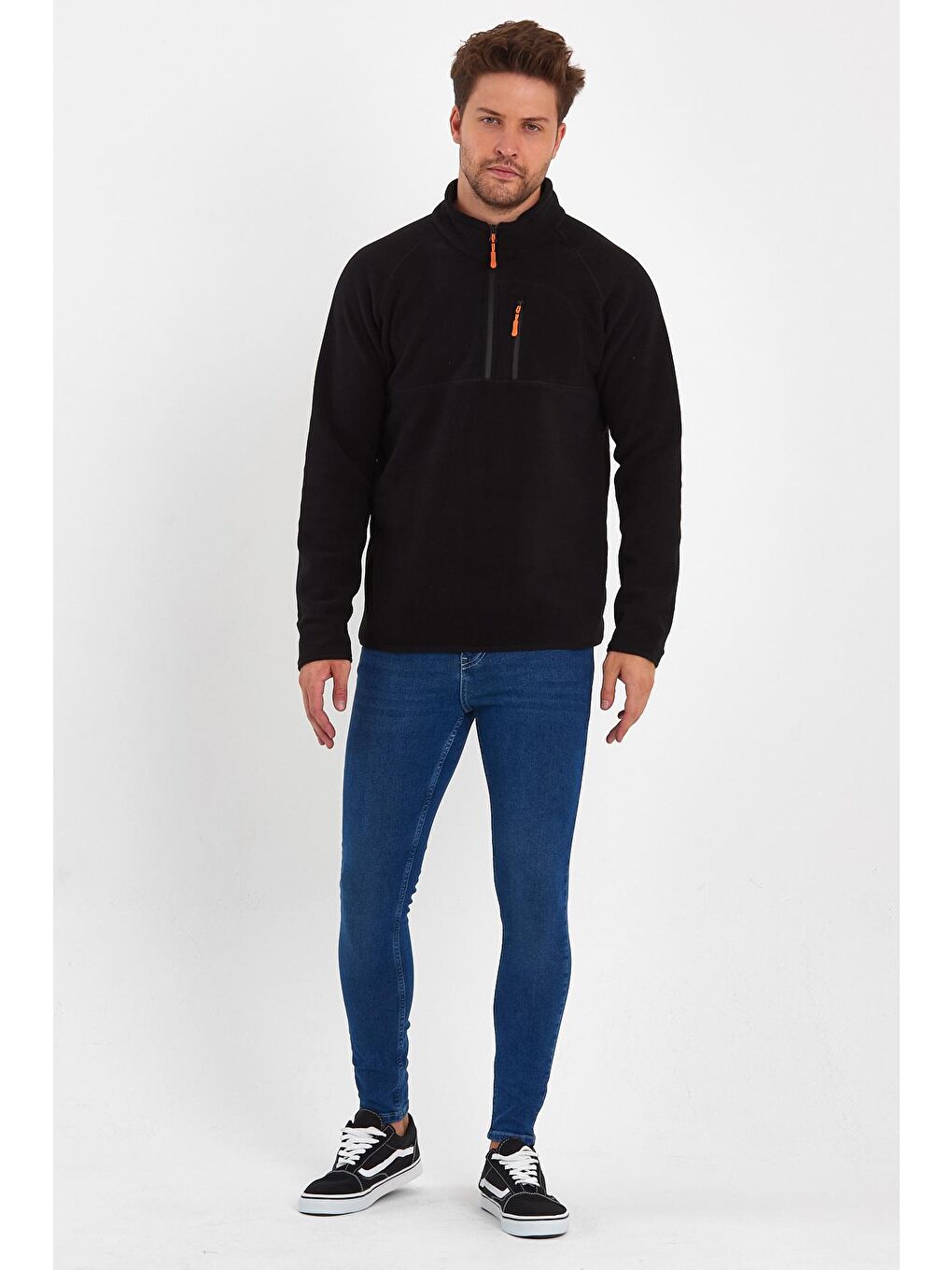 Siyah Mikro Polar Dik Yaka Erkek Sweatshirt-1