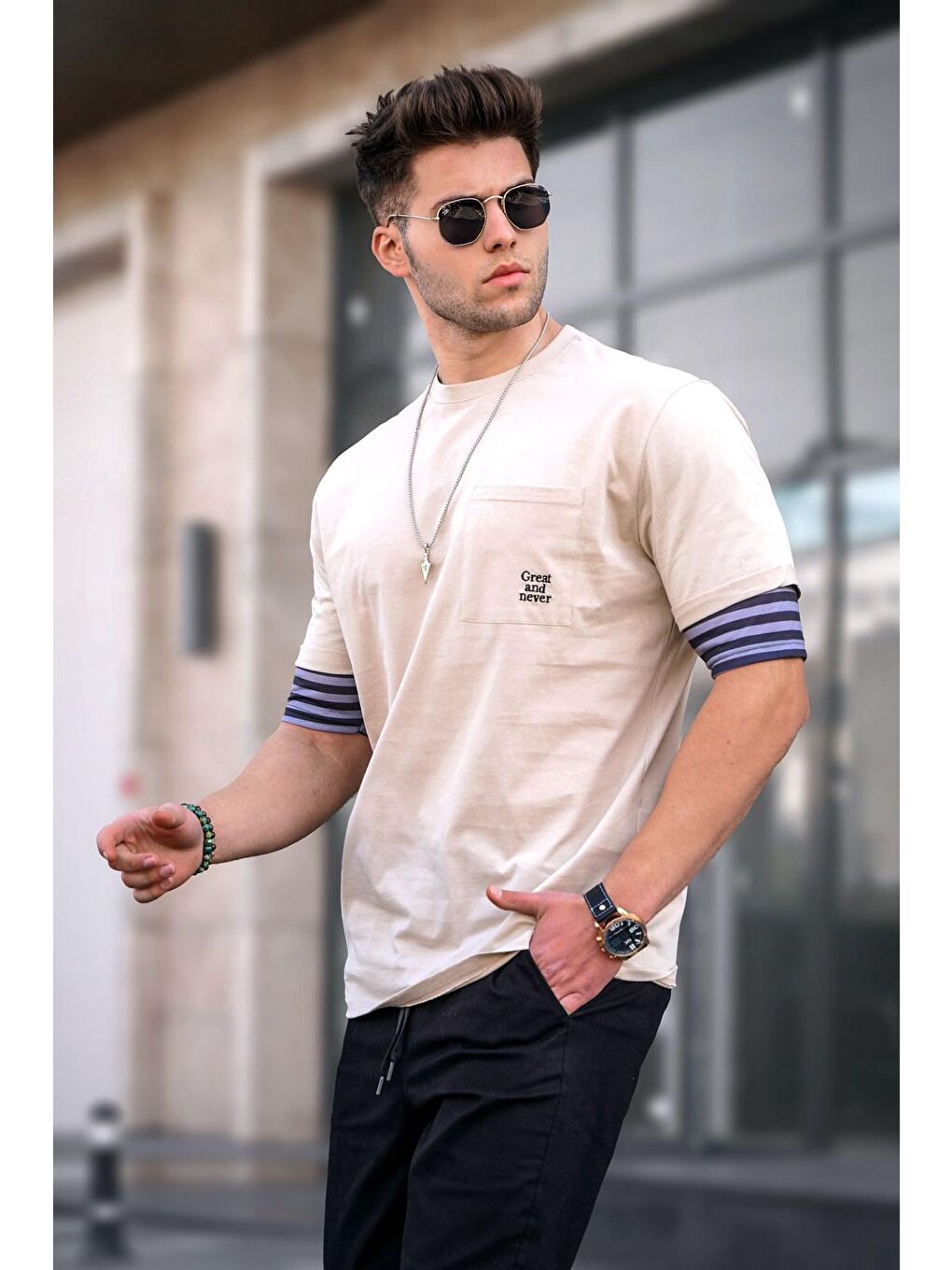 Madmext Erkek Bej %100 Pamuk Tişört 5806