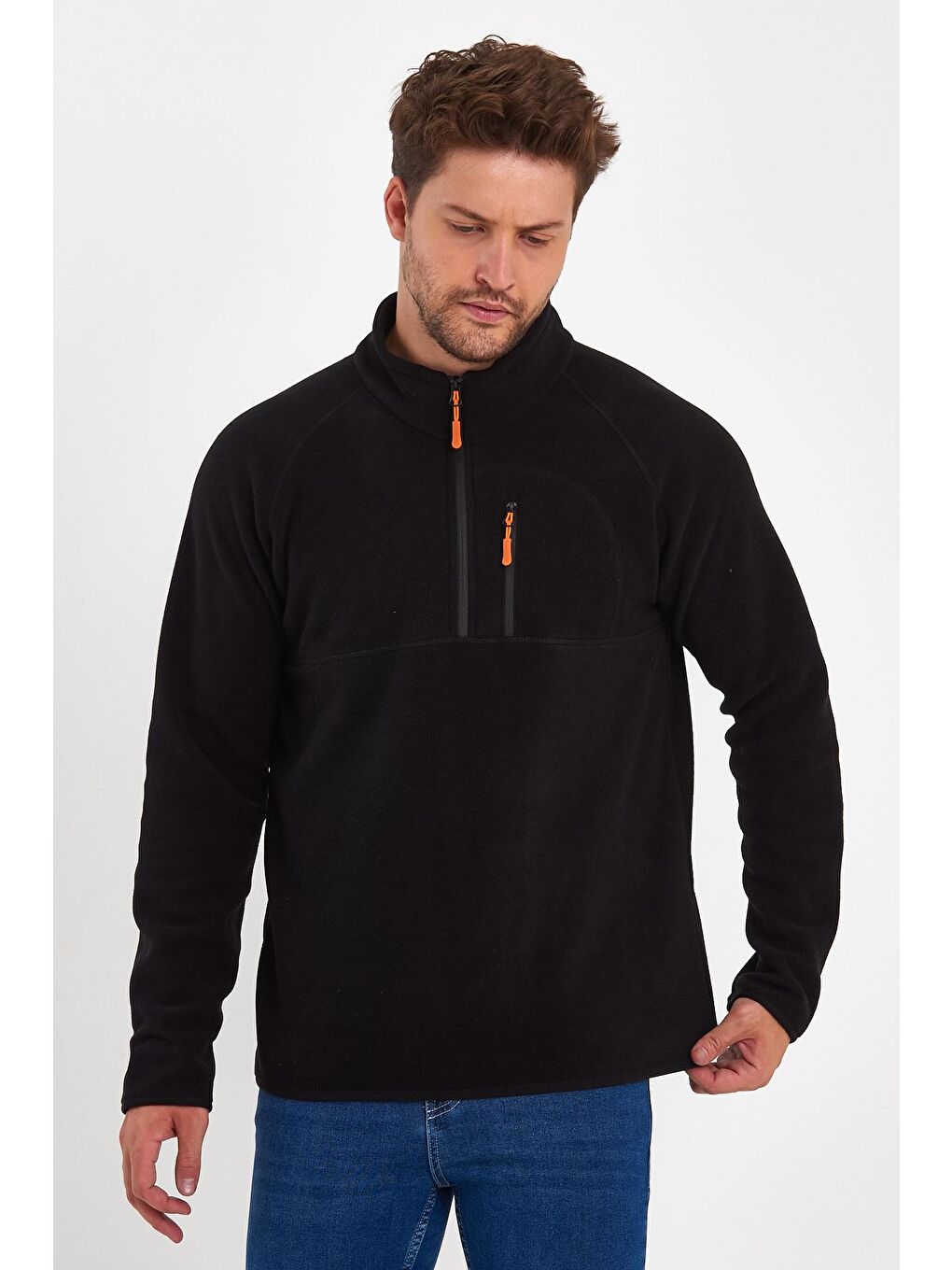 Siyah Mikro Polar Dik Yaka Erkek Sweatshirt-3