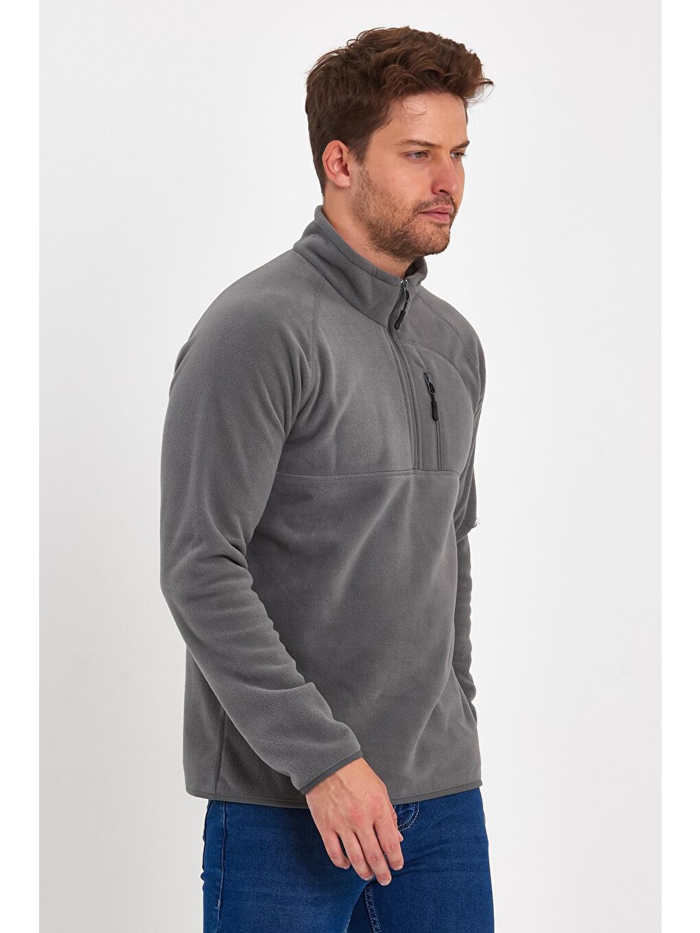 Gri Mikro Polar Dik Yaka Erkek Sweatshirt-2