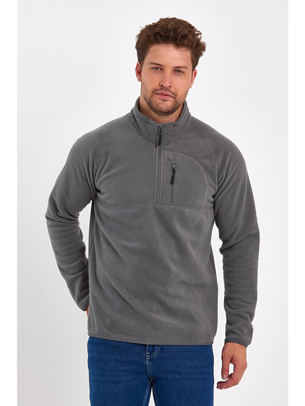 Gri Mikro Polar Dik Yaka Erkek Sweatshirt-3