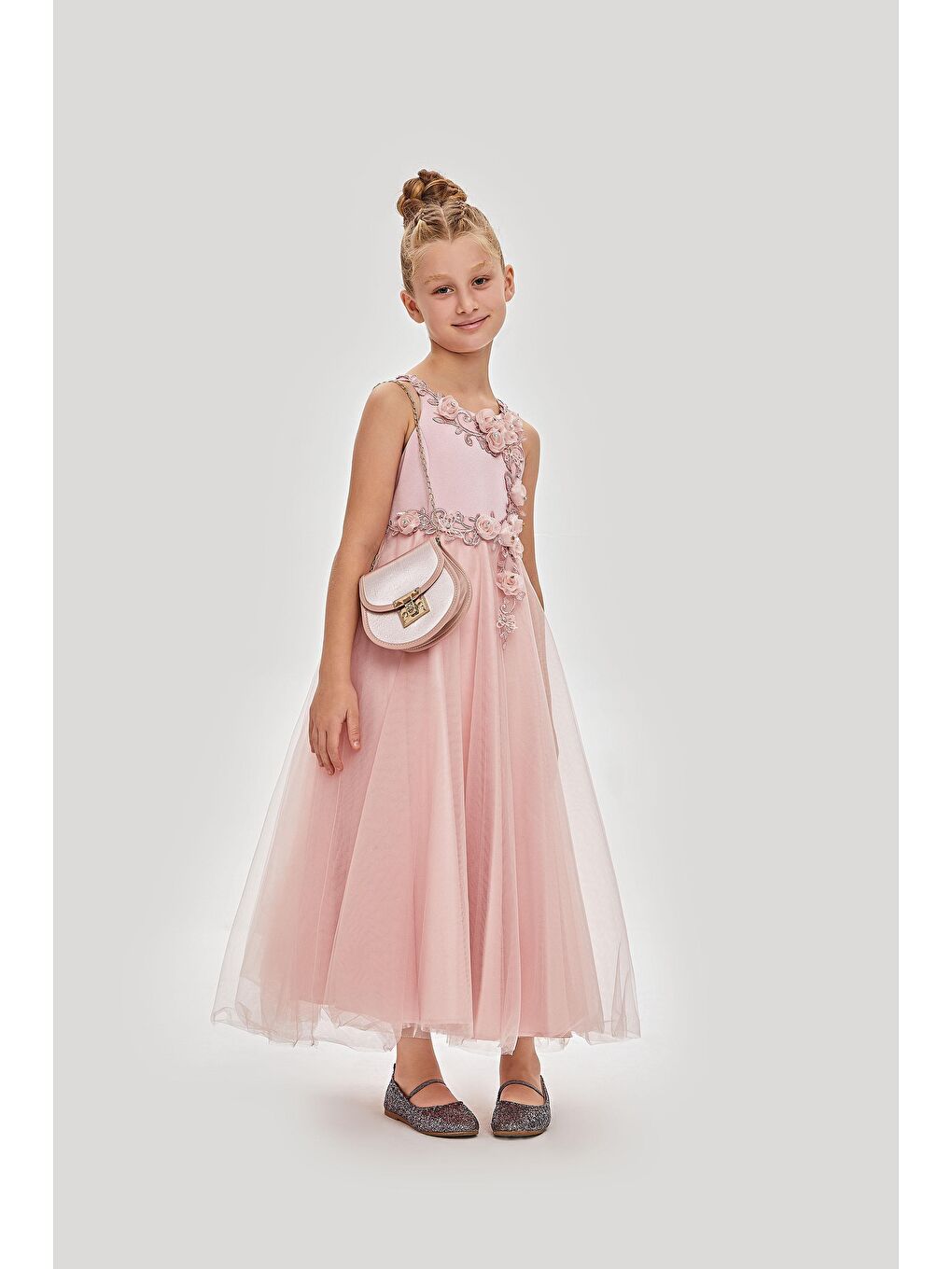 Pembe Robası Çiçekli Çantalı Uzun Abiye