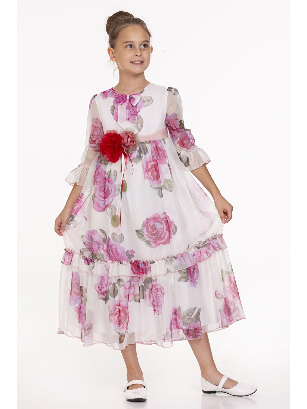 Beyaz Gül Desenli Uzun Elbise