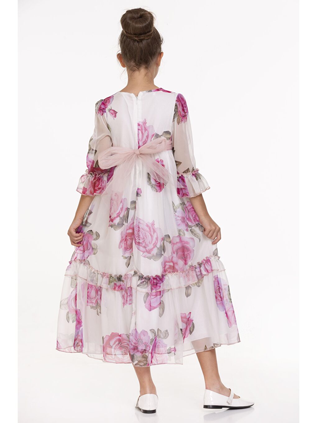 Beyaz Gül Desenli Uzun Elbise-1