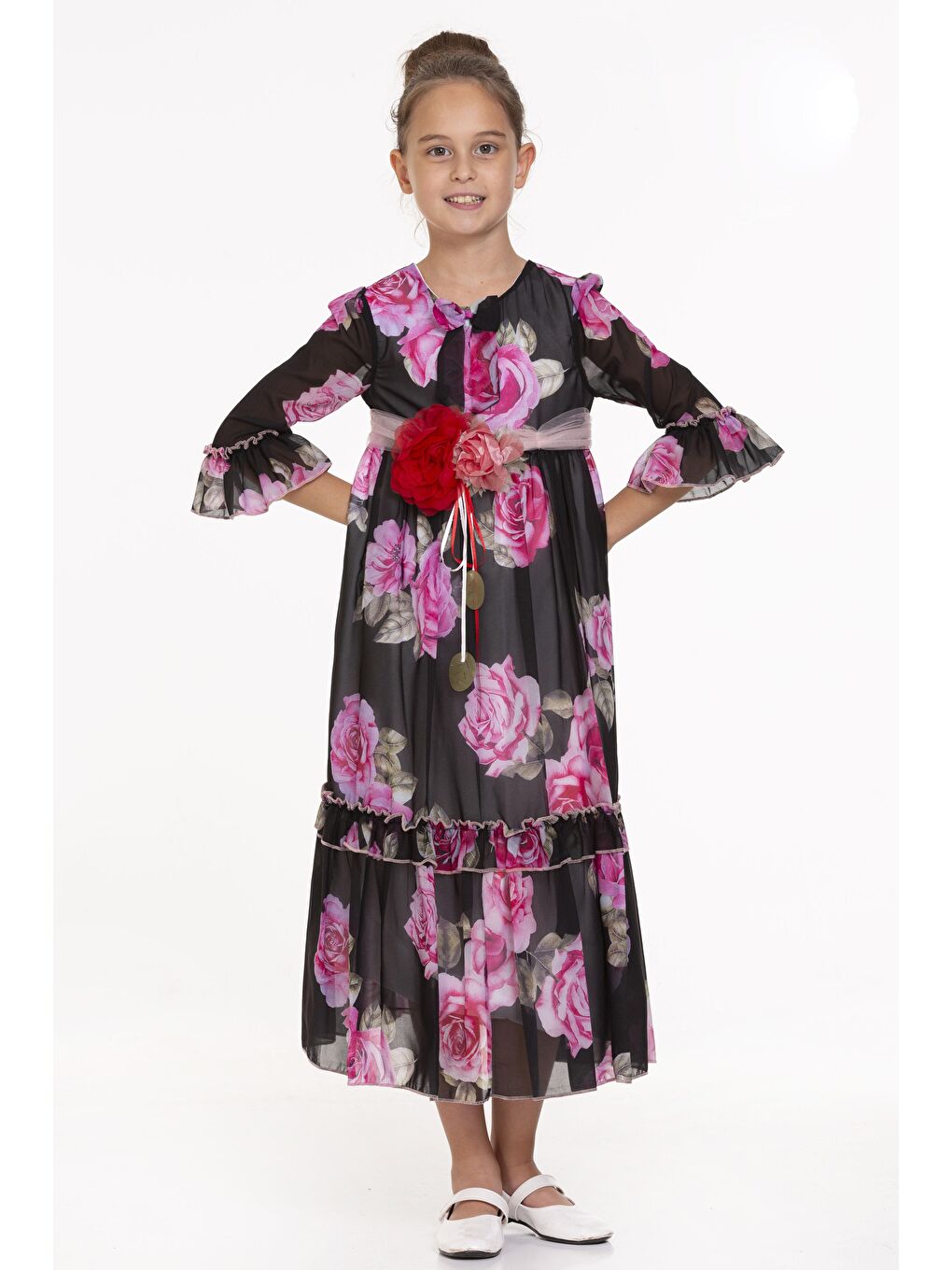 Siyah Gül Desenli Uzun Elbise