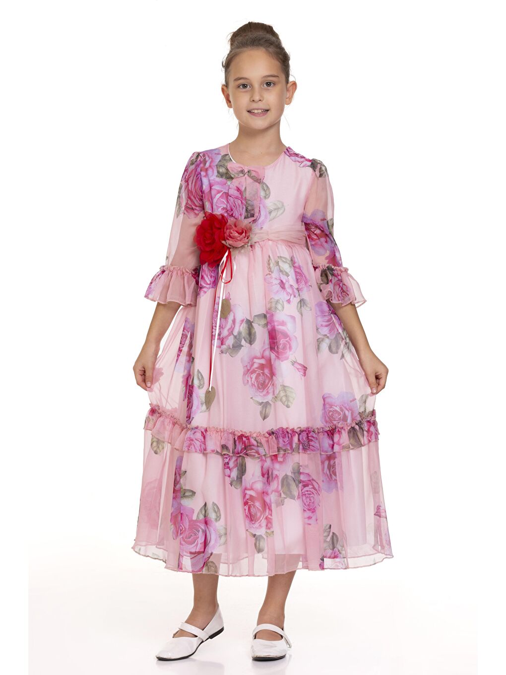 Pink Girls Pembe Gül Desenli Uzun Elbise